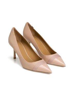 Tory Burch Penelope Grosgrain Calf Leather Pointed Cap-Toe Nude Pumps, Size 9